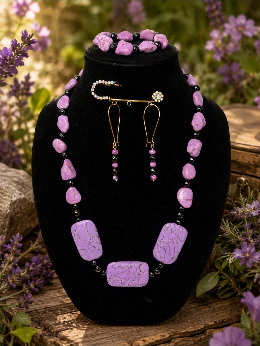 Purple Howlite & Black Onyx Statement Necklace Set with Earrings and Bracelet